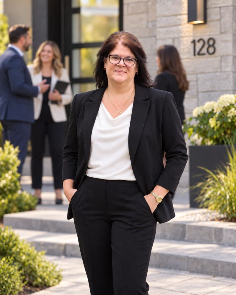 Nadia Taillefer devant une propriété résidentielle